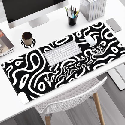 Large Gaming Mouse Pad Set, 4 in 1 Extended Keyboard Desk Mat with Wrist Rest, Computer Game Mousepad, Non-Slip Desk Pad Easy Typing Pain Relief for Home Office I Black White Topographic - color: Black White Topographic