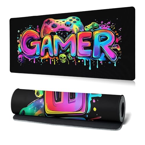 Gamer Mouse Pad Abstract Black Mouse Pad 31.5x11.8 Inch Aesthetic Skull Texture Non-Slip Rubber Base Large Mousepad Stitched Edges Keyboard Mouse Mat Desk Pad for Office and Home - color: Gamer