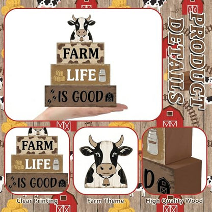4 Pcs Farm Life Kitchen Table Decor for Home Black and White Cow Stacked Wood Sign Farmhouse Cow Country Tiered Tray Decor Farm Rustic Dairy Kitchen Decorations for Shelf Mantel Table - style: Black and White Cow