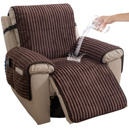 HAOMAIJIA Faux Fur Recliner Chair Covers Non-Slip Waterproof Recliner Covers That Stay in Place Warm Thick Lazy Boy Recliner Cover for Dogs Furniture Protector Pet Friendly (Brown, 28'') - color: Brown, size: 28''