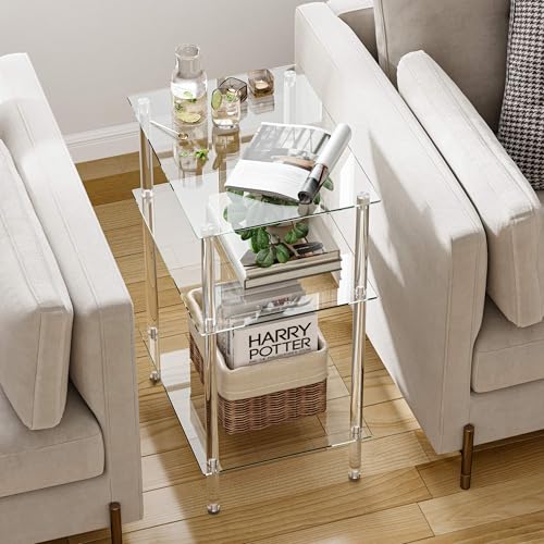 Tempered Glass Side Tables Set of 2 Acrylic End Table with 3 Storage Shelve transparent Bedside simplicity clear 3-Tier Nightstands small Spaces Office Bedroom Living Room Study Transparent ET-008TR3T - color: Transparent, size: 3 tier High