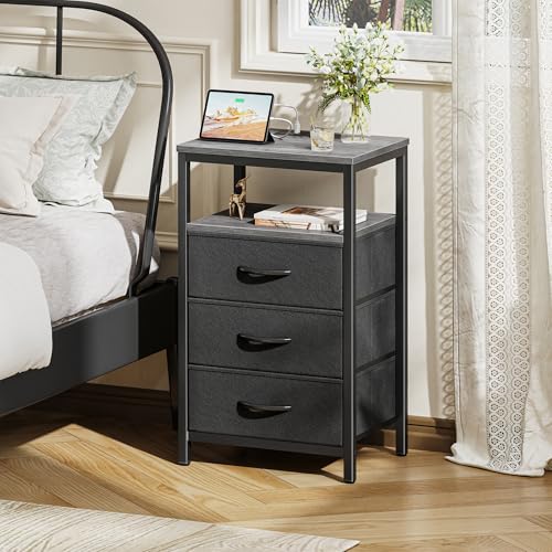Huuger Nightstand with Charging Station, 27.6 Inch End Table Bedside Table with USB Ports and Outlets, Fabric Drawers, Night Stand for Bedroom, Charcoal Gray - color: Charcoal Gray and Black, size: 11.8"D x 15.7"W x 27.6"H (3 Drawers)