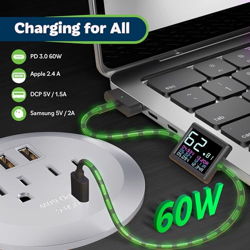 TOPGREENER Desktop Power Grommet with 60W PD for MacBook, GaN Desk Grommet with 1 Fast Charging USB-C Port, 2 USB-A Ports and Duplex Receptacles, TTRP48APD60-SV, Silver - color: Silver