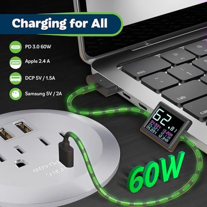 TOPGREENER Desktop Power Grommet with 60W PD for MacBook, GaN Desk Grommet with 1 Fast Charging USB-C Port, 2 USB-A Ports and Duplex Receptacles, TTRP48APD60-SV, Silver - color: Silver