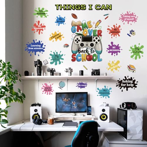 Back to School Wall Art, Game Over Motivational Poster Gamer Wall Sticker Gaming Controller Joystick Wall Decals Removable Video Games Wall Stickers Game Boy Wall Art for Bedroom Playroom Decoration