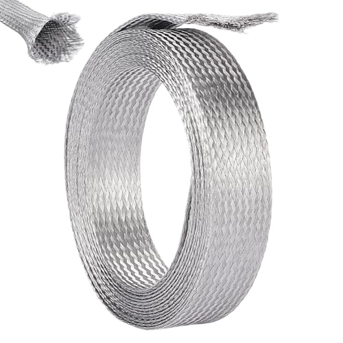 UNICRAFTALE 1" Wide Stainless Steel Braided Sleeving Braid Cable Wire Shielding Sleeve Ground Straps Protection Flat Metal Mesh Flexible Expandable Scalable Ribbon Wire for Protect Cable 13.12 Feet - size: 4m x 25mm