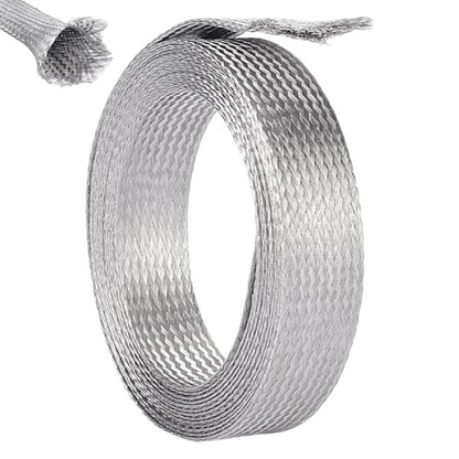 UNICRAFTALE 1" Wide Stainless Steel Braided Sleeving Braid Cable Wire Shielding Sleeve Ground Straps Protection Flat Metal Mesh Flexible Expandable Scalable Ribbon Wire for Protect Cable 13.12 Feet - size: 4m x 25mm
