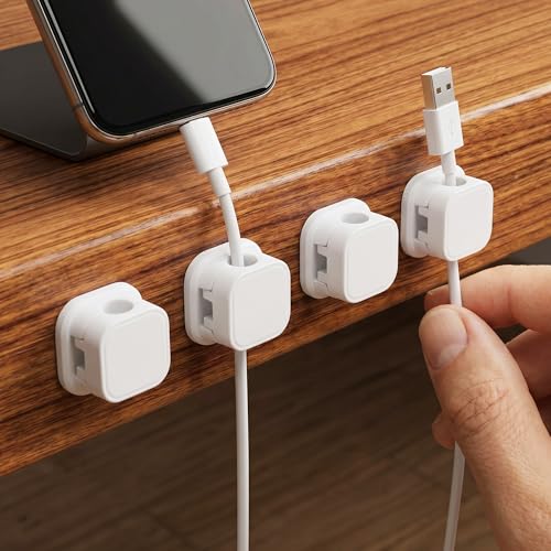 Mayski 12 Pack Magnetic Cable Clips, One-Hand Operation, Adhesive Cord Holder with Replacement Pads, 7.5mm Slot, for Home Office Desk, Car, Wall