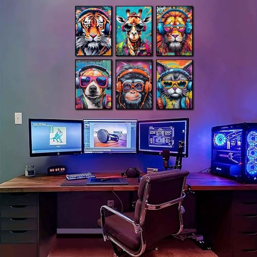 6pcs Colorful Graffiti Animals Canvas Wall Art Gamer Earphone Animal Poster Lion Tiger Cat Dog Orangutan Giraffe Funky Paintings Pictures Pop Art Wall Decor for Teen Boys Children Game Room Unframed12x16in - size: 12x16Inx6pcs