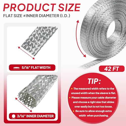 5/16" Wide Tinned Copper Braided Metal Wire Shielding Sleeve Ground Strap Automotive Flat Mesh Flexible Expandable Sheath (8mm ID-42ft) - size: 5/16 in Wide(0.20 in Dia)-42ft
