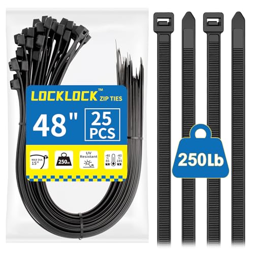 Large Zip Ties Heavy Duty Outdoor 48 inch (25 Pack), Heavy Duty Zip Ties 250 lbs, Black, LOCKLOCK - size: 48" (25 Pack)