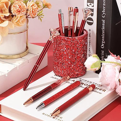 Sabary 8 Pcs Red Pens with Pen Holder for Desk Glitter Crystal Diamond Cute Ballpoint Fancy Pencil Holder Bling Desk Organizer for Women Girls School Office Supplies Wedding Graduation Gifts - color: Red