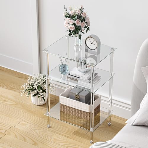 Tempered Glass Side Tables Set of 2 Acrylic End Table with 3 Storage Shelve transparent Bedside simplicity clear 3-Tier Nightstands small Spaces Office Bedroom Living Room Study Transparent ET-008TR3T - color: Transparent, size: 3 tier High