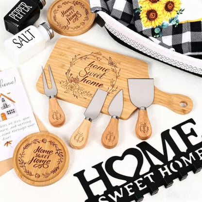 14 Pcs House Warming Gift New Home Gift Basket with Bamboo Serving Board, Dish Towels, Cheese Knife Set, Key Holder for Couples Women Men Clients, Closing Gift for Home Buyers, New Homeowner