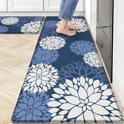 Kitchen Mats, 2PCS Non-Slip Cushioned Rugs, Anti-Fatigue Waterproof Floor Rug, Washable Standing Desk Mat, Home Laundry Office Apartment Decor and Accessories (17.3" ×59" +17.3" ×30"-Blue) - size: 17.3"W×59"L+17.3"W×30"L-0.4"Th