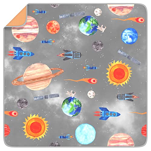 Splat Mat for Baby – Under High Chair Floor Mat Protects Wood, Vinyl and Carpet from Spills – Waterproof 4 Layer Baby Mat with Anti-Skid Backing Deters Bunching and Sliding (51” x 51”) - color: Kids Hand Painted Cosmic Collection