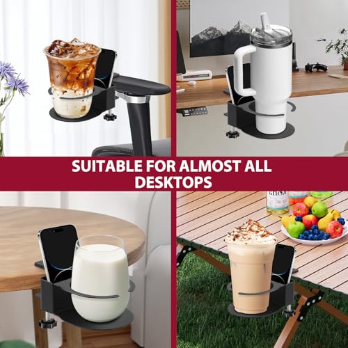 Desk Cup Holder for Coffee Mugs, Tumblers, Water Bottles with Mobile Phone Stand, Anti-Spill Metal School Home Office Accessories (Black-1) - color: Black-1