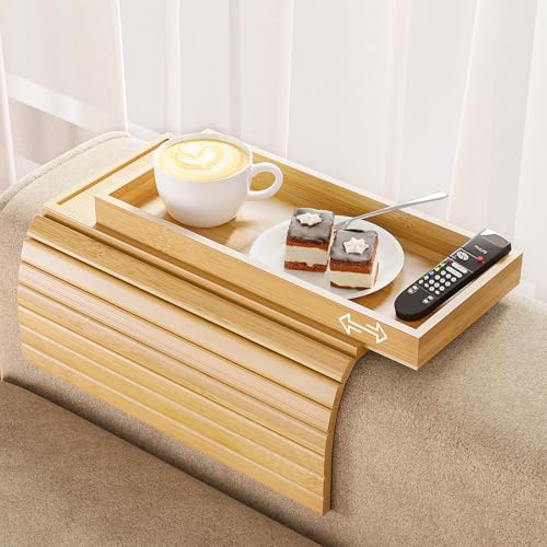 Bestjing Bamboo Sofa Armrest Tray Table for Couch - 2-in-1 Couch Arm Table with Be Slide Detachable Tray- Anti-Slip Foldable Sofa Armchair Caddy for Drinks Cellphone TV Remote Snacks (Bamboo) - color: Bamboo, size: 16.9" x 13.3" x 1.5"