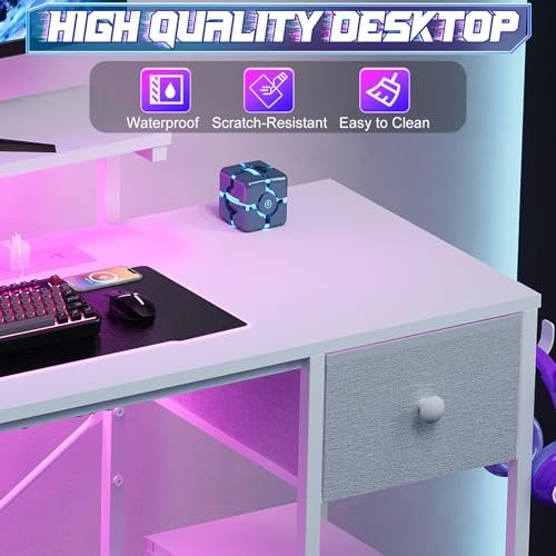 X-cosrack 33.5" Small Computer Desk with Monitor Stand & Outlets, Small Gaming Desk with LED Light & CPU Stand, Teen Study Writing Table with Storage Drawer, Side Hooks for Bedroom, Home Office White - size: 33.5" White with Normal Monitor Stand