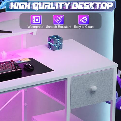 X-cosrack 33.5" Small Computer Desk with Monitor Stand & Outlets, Small Gaming Desk with LED Light & CPU Stand, Teen Study Writing Table with Storage Drawer, Side Hooks for Bedroom, Home Office White - size: 33.5" White with Normal Monitor Stand
