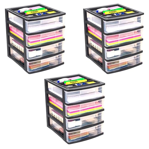 Gracious Living 4 Drawer Desktop & Countertop Organizer w/Organization Lid for Craft Storage, Office Supplies & School Supplies, Black/Clear (3 Pack) - size: 3 Pack