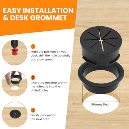 8Pcs Desk Grommet & 16Ft Cable Sleeve & 1Pcs Hole Saw, 50mm (2 Inch) Desk Cord Hole Cover Organizer Management Caps with Wire Management & Tie & Holder for Office, Home Table Cable