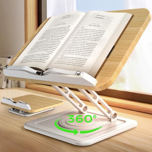Book Stand for Reading, Adjustable Book Holder with 360°Rotating Bases, Ergonomic Cookbook Stand Recipe Book Holder with Elastic Page Clips for Magazines, Tablets, Laptops,White - color: White