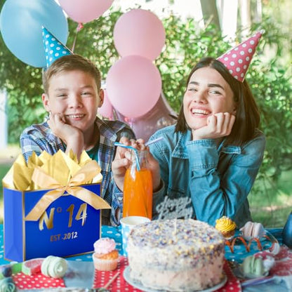 JWSCYSY 14th Blue Birthday Gift Bag with Card, Tissue Paper and Ribbon for Men Boys Birthday Party Favor, Presents Wrapping (12.6" EST 2012) - color: 14TH