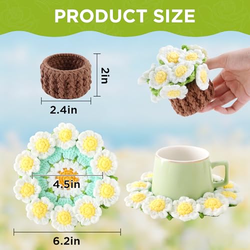 Flower Crochet Coasters, Handmade Bouquet Blanket Coaster with Crochet Plant Pot Fun Soft Decorative Drink Coasters for Coffee Tabletop Protection and Home Decor (Mint Green and White, 1Pc) - color: Mint Green and White, size: 1Pc