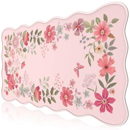 HAOCOO Desk Pad Mat, Pink Scalloped Desk Pad, Computer Desk Mat, Non-Slip Desk Pad for Keyboard and Mouse, Large Desk Mouse Pad with Egde Stitched, Waterproof Floral Keyboard Mat for Office (Hot Pink) - color: Hot Pink Wave