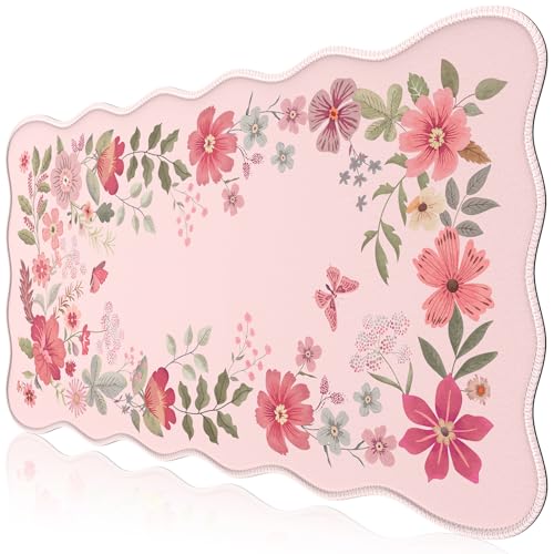 HAOCOO Desk Pad Mat, Pink Scalloped Desk Pad, Computer Desk Mat, Non-Slip Desk Pad for Keyboard and Mouse, Large Desk Mouse Pad with Egde Stitched, Waterproof Floral Keyboard Mat for Office (Hot Pink) - color: Hot Pink Wave