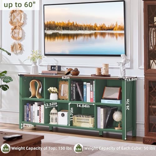 Joaxswe 8 Cube Storage Organizer, Farmhouse Green 62 Inch Wide Horizontal Bookshelf, Wooden 2 Tier Display Book Shelf, Rustic Low Book Case for Living Room (Green, 8 Cube (13.6" D x 62" W x 29.7" H)) - color: Green, size: 8 Cube (13.6"D x 62"W x 29.7"H)