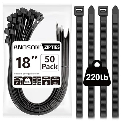 Large Zip Ties 18 inch, 50 Pack, Long Zip Ties Heavy Duty with 220 lb Tensile Strength, Big Cable Ties, Black, ANOSON - size: 18"/50 pk (220 Lb)