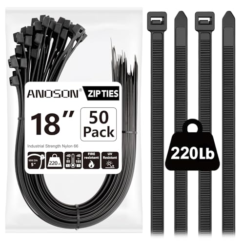 Large Zip Ties 18 inch, 50 Pack, Long Zip Ties Heavy Duty with 220 lb Tensile Strength, Big Cable Ties, Black, ANOSON - size: 18"/50 pk (220 Lb)