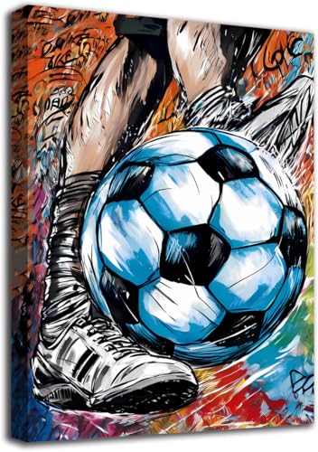 Soccer Decor Football Canvas Wall Art,Soccer Sport Theme Canvas Wall Art,Vintage Graffit Football Art Poster Sports Theme Football Paintings for Teen Boys Room Wall Decor (12X16 in,Framed) - color: Framed-- Soccer Decor Football Canvas Wall Art