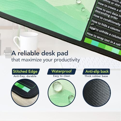 Excel Shortcuts Mousepad, Large Excel Mouse Pad for Desk Water-Resistant Office Mousepad with Stitched Edge and Anti-Slip Base (Green) - color: Green