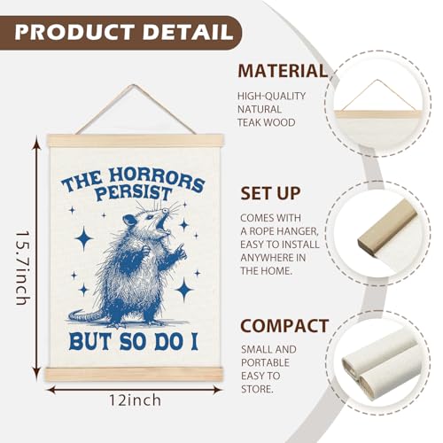 LZYRF Funny Opossum Mental Health Wall Art Poster Framed, Possum Gifts, Retro Blue Positive Affirmations Inspirational Canvas Prints Wall Decor for Therapy School Counseling Office, 12x16 Inch - color: The horrors persist but so do I, size: 16"L x 12"W