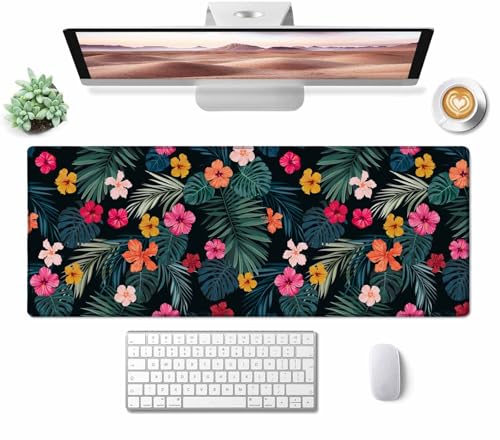 Gaming Mouse Pad, Large Mouse Pads for Desk, Non-Slip Rubber Base Mousepad, Keyboard Mouse Mat, Desk Pad with Stitched Edges, 31.5x11.8 inch Hibiscus Flowers and Palm Leaves - color: Hibiscus Flowers and Palm Leaves, size: 31.5" x 11.8"