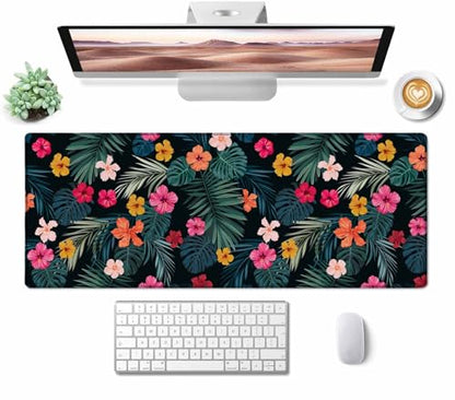 Gaming Mouse Pad, Large Mouse Pads for Desk, Non-Slip Rubber Base Mousepad, Keyboard Mouse Mat, Desk Pad with Stitched Edges, 31.5x11.8 inch Hibiscus Flowers and Palm Leaves - color: Hibiscus Flowers and Palm Leaves, size: 31.5" x 11.8"