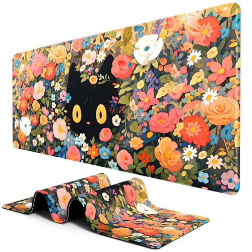 BOSOBO XXL Gaming Desk Mat, Extended Mouse & Keyboard Mat, Anime Cat Pink Flower Bush - 31.5 x 11.8 Inches - color: Anime Cat Flower Bush, size: XL - 31.5 x 11.8 Inches