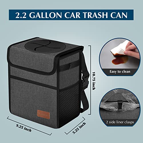 Leak Proof Car Trash Bag Waterproof Garbage Can with Lid for SUV Front Seat Multipurpose Car Hanging for Headrest Collapsible and Portable with Storage Mesh Pocket, Charcoal Gray - color: Charcoal Gray, size: 2.25 Gallons