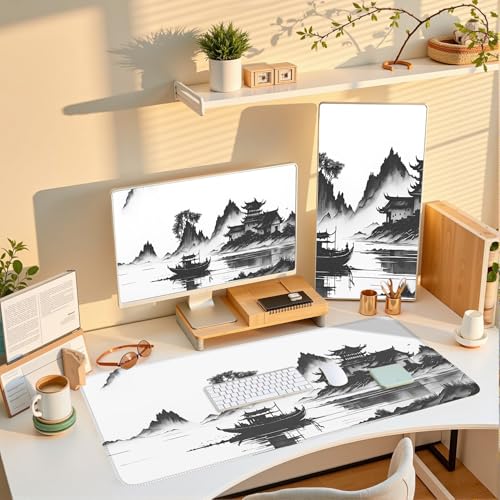 Chinoiserie Mouse Pad Black White Large Ink Painting Desk Mat Landscape XXL Large Gaming Mouse Mat for Office,Computer,Keyboard,Laptop and Home Desk Mat 31.5 X 15.7inch - color: A7- Ink