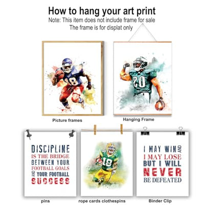 Football Motivational Posters - Inspirational Art Prints For Boys Bedroom, Teenage Room Decor - Set Of 6 8x10 In