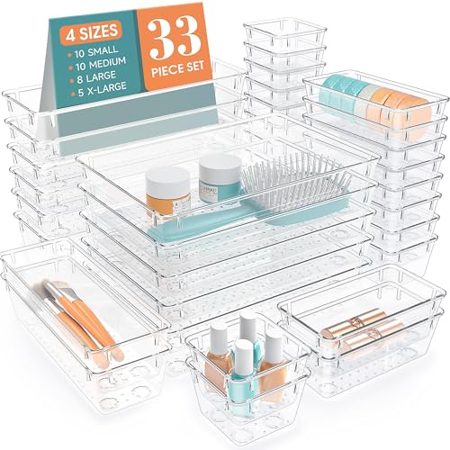 StorMiracle 33 PCS Clear Plastic Drawer Organizers Set, 4 Size Desk Drawer Organizer Trays for Makeup, Jewelry, Kitchen Utensils, Gadgets and Office Accessories - color: Clear, size: 33 PCS