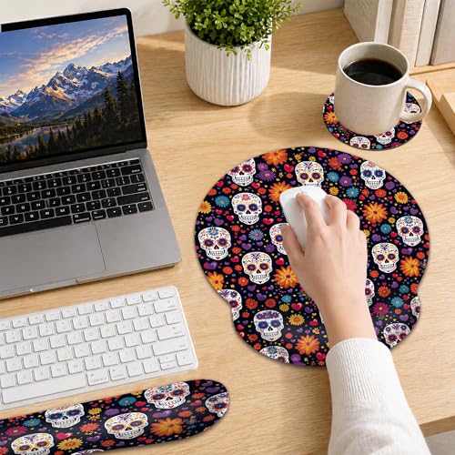 Skull Keyboard Wrist Rest Pad Ergonomic Mouse Pad Set,Flower 3 in 1 Memory Foam Mouse Pad with Non Slip Base for Office and Home - color: Skull Flower