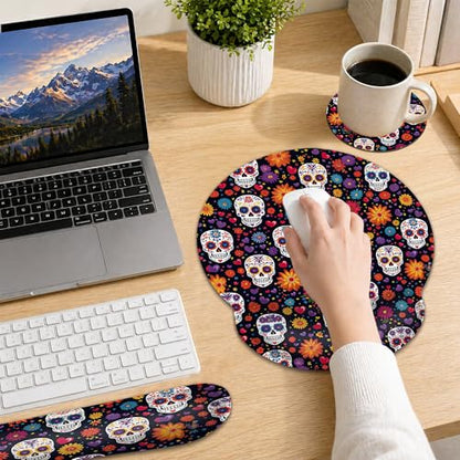 Skull Keyboard Wrist Rest Pad Ergonomic Mouse Pad Set,Flower 3 in 1 Memory Foam Mouse Pad with Non Slip Base for Office and Home - color: Skull Flower