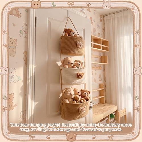 FoldTier Over the Door Hanging Basket 3 Tier Wall Mounted Organizer Bag with Bear Decoration Woven Cotton Boho Storage Hanging Nursery Baskets with Hooks for Nursery Living Room Bedroom Kitchen
