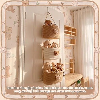 FoldTier Over the Door Hanging Basket 3 Tier Wall Mounted Organizer Bag with Bear Decoration Woven Cotton Boho Storage Hanging Nursery Baskets with Hooks for Nursery Living Room Bedroom Kitchen