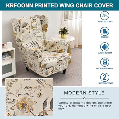 KRFOONN Wingback Chair Covers Slipcovers 2 Piece Stretch Wing Chair Covers Spandex Slipcovers Wingback Sofa Covers Armchair Covers Non-Slip Furniture Protector for Living Room Wingback Chairs, A21 - color: A21