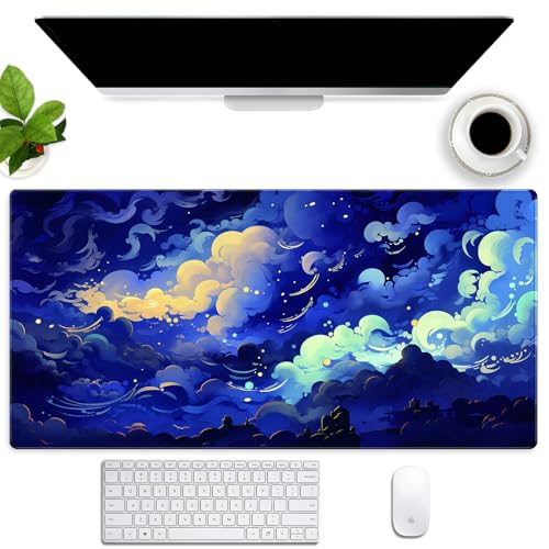 Galaxy Cloud Mouse Pad XXL - Extended Celestial Art Keyboard Desk Mat | Stunning large desk pad featuring a magical glowing cloud sea design. Perfect for cozy gaming and office setups. - color: Dark blue clouds